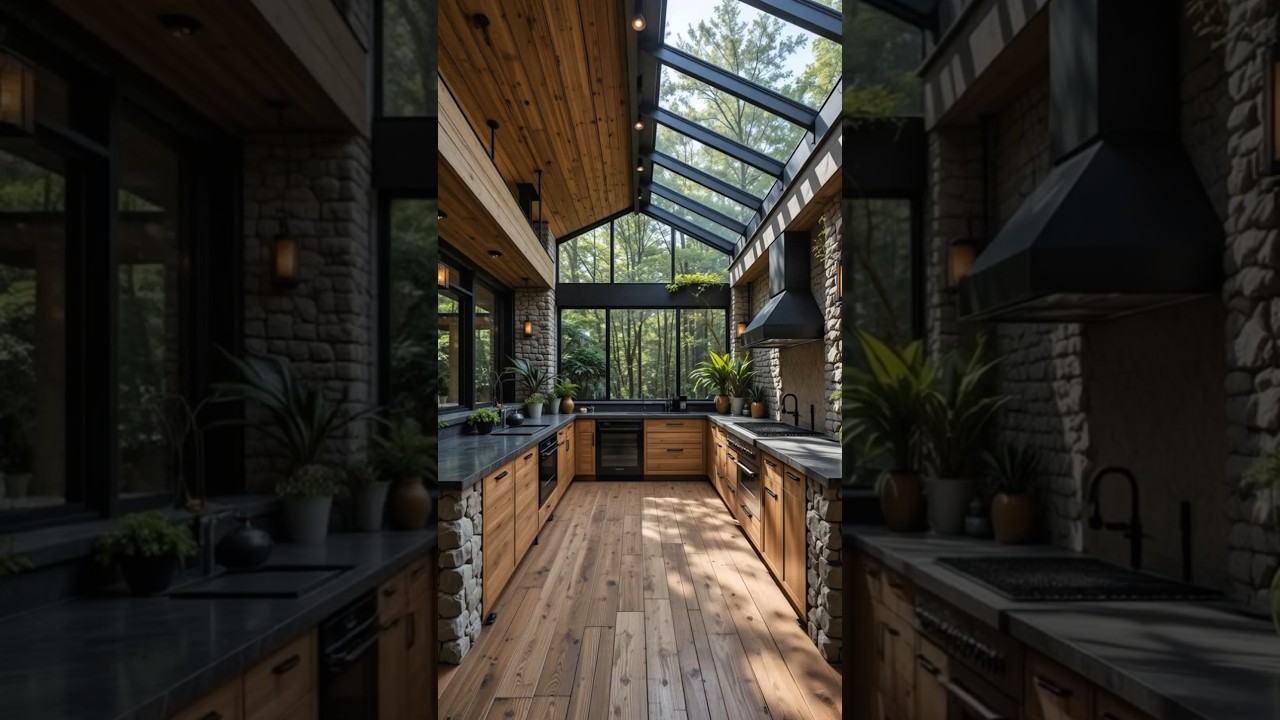 Wood, Stone & Glass &mdash; The Perfect Forest Kitchen Combo 🌳#ForestKitchen #RusticInterior #ModernRustic