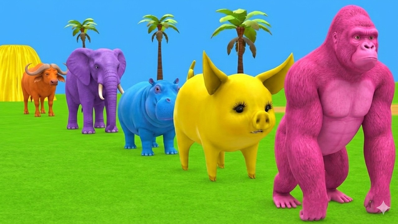 Long Slide Game With Elephant Gorilla Buffalo Hippopotamus Tiger - 3d Animal Game - Funny 3d Animals