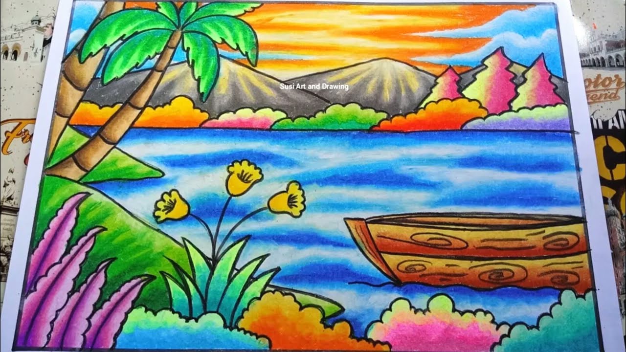 Cara menggambar dan mewarnai gradasi pemandangan alam gunung dan pantai yang mudah