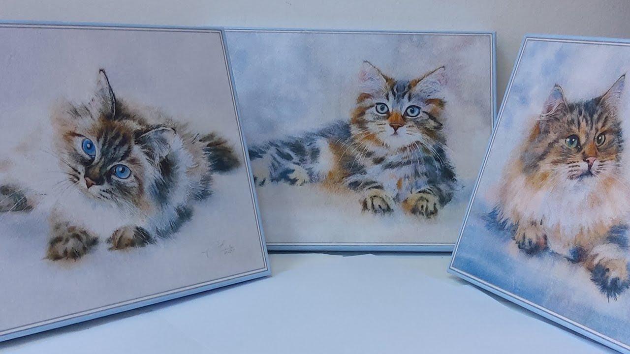 Картины с кошками Сибирский королевский на холсте с рисовой бумагой МК Декупаж