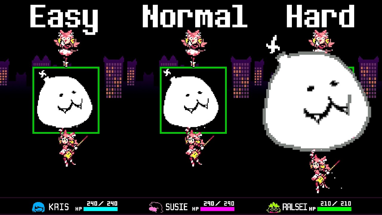 Deltarune: Pink Fight - Easy, Normal and Hard Mode Attacks Comparison