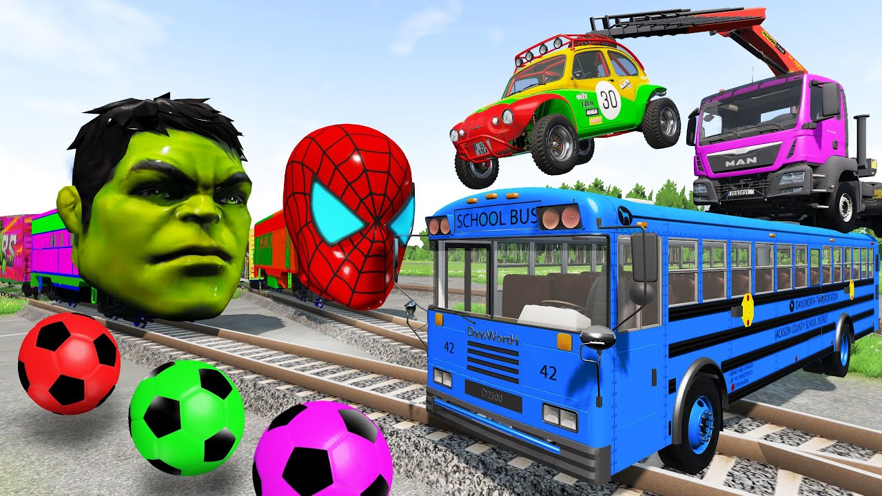 Monster Trucks Potholes Flatbed Trailer Truck Car Rescue Bus - Cars vs Deep Water - Cars vs Train