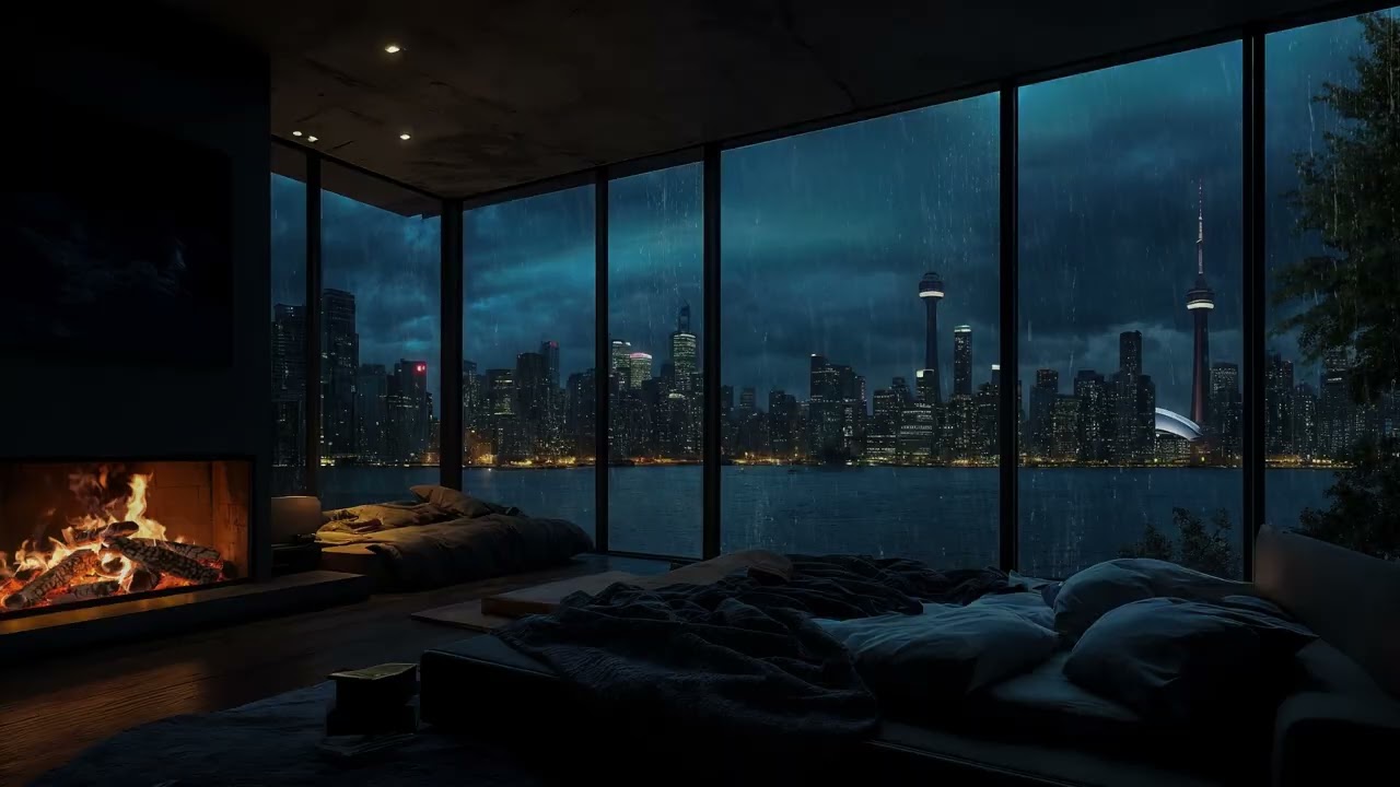 Soft Rain Over a Quiet City Night with Fireplace Ambience – Calm Indoor Sounds for Sleeping