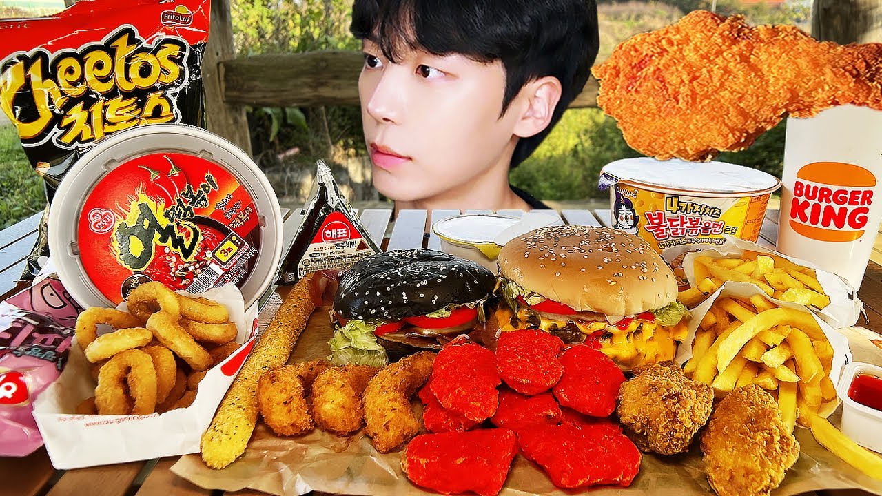 MUKBANG | Огненная лапша, Читос, Жареный цыпленок, бургер, Сырная палочка, Круглосуточный магазин