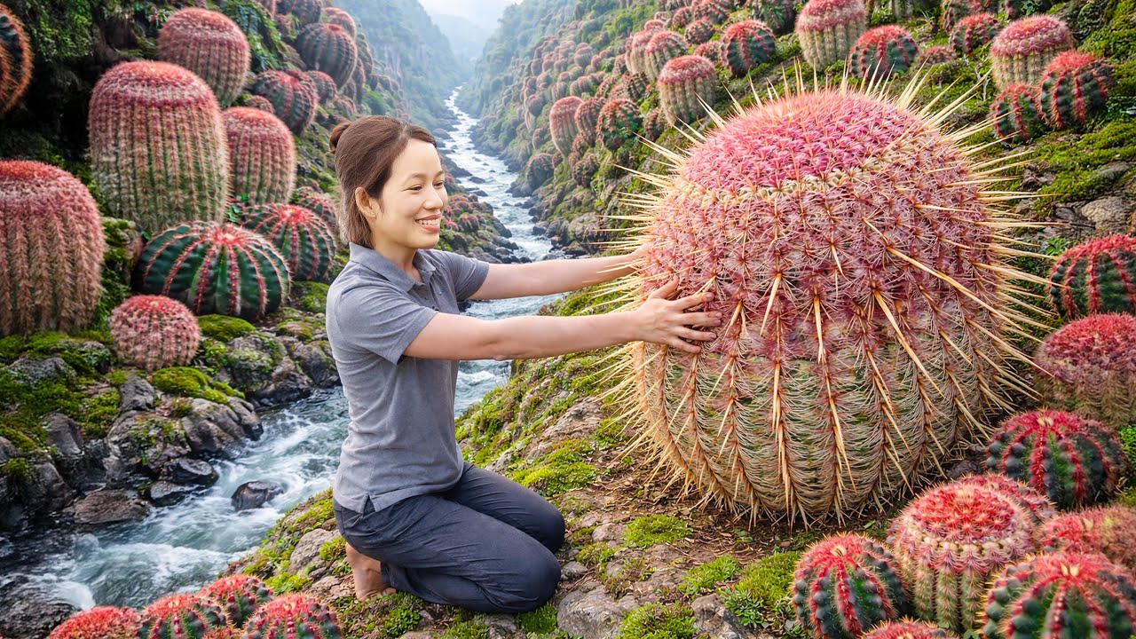 Red Spiny Cactus Harvested from Cliffs Sold at Market and Potted for Stunning Lunar New Year Decor