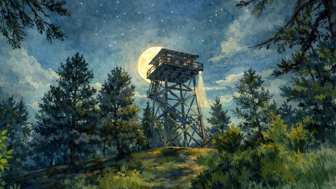 Firewatch Cabin at Night 🌙 Moon & Stars Ambience | 1 Hour Relaxing Campfire Sounds