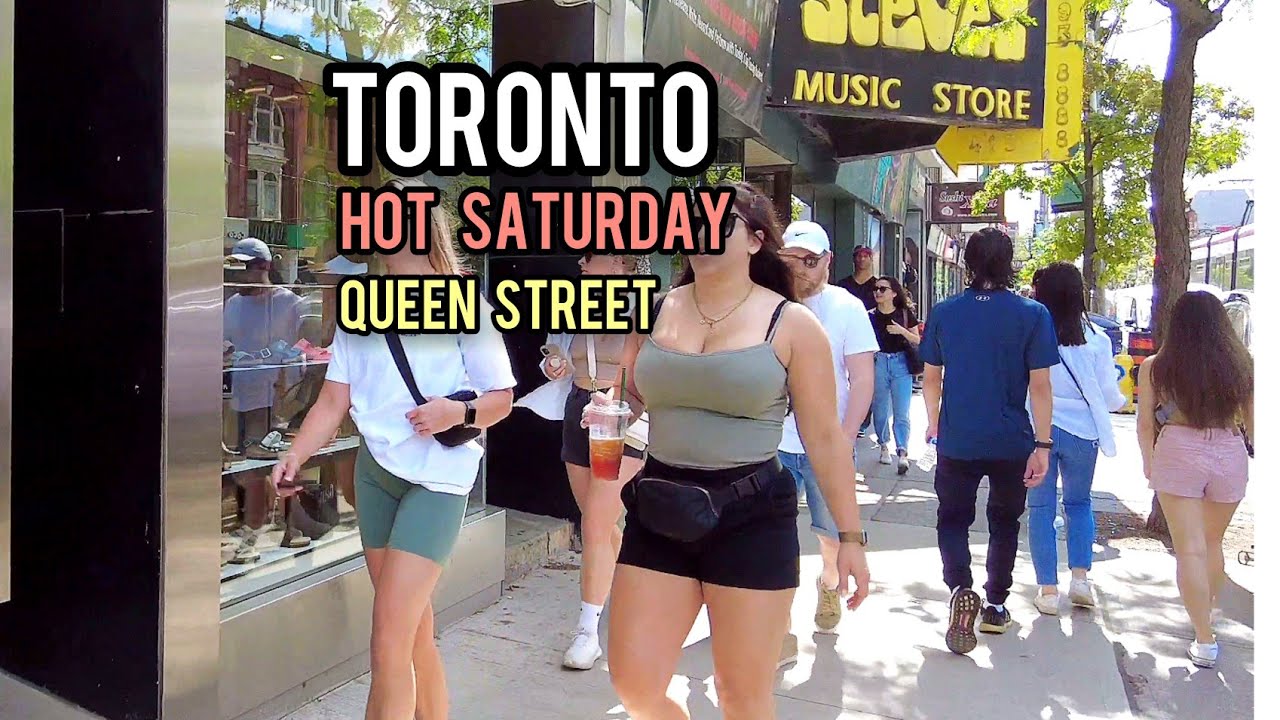 Toronto Saturday Queen Street Downtown walking Tour Canada 4K