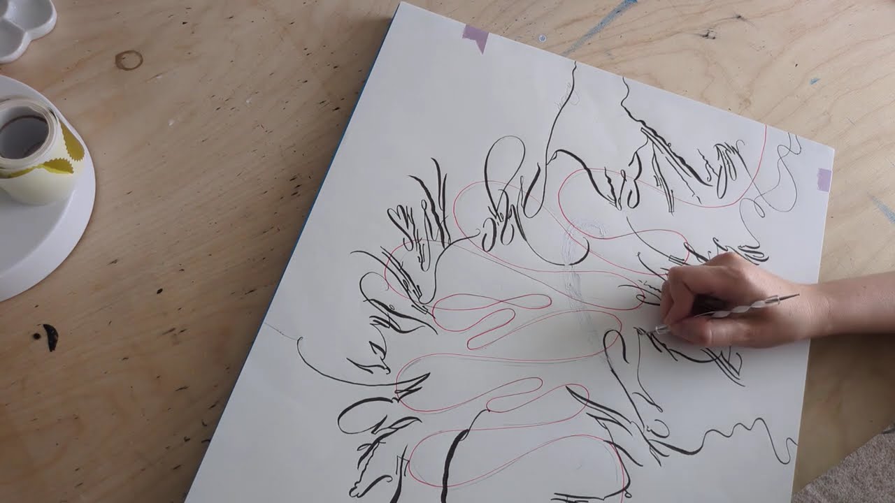 Art Process: Moving My Sketch onto a Wood Panel. Abstract calligraphy art 