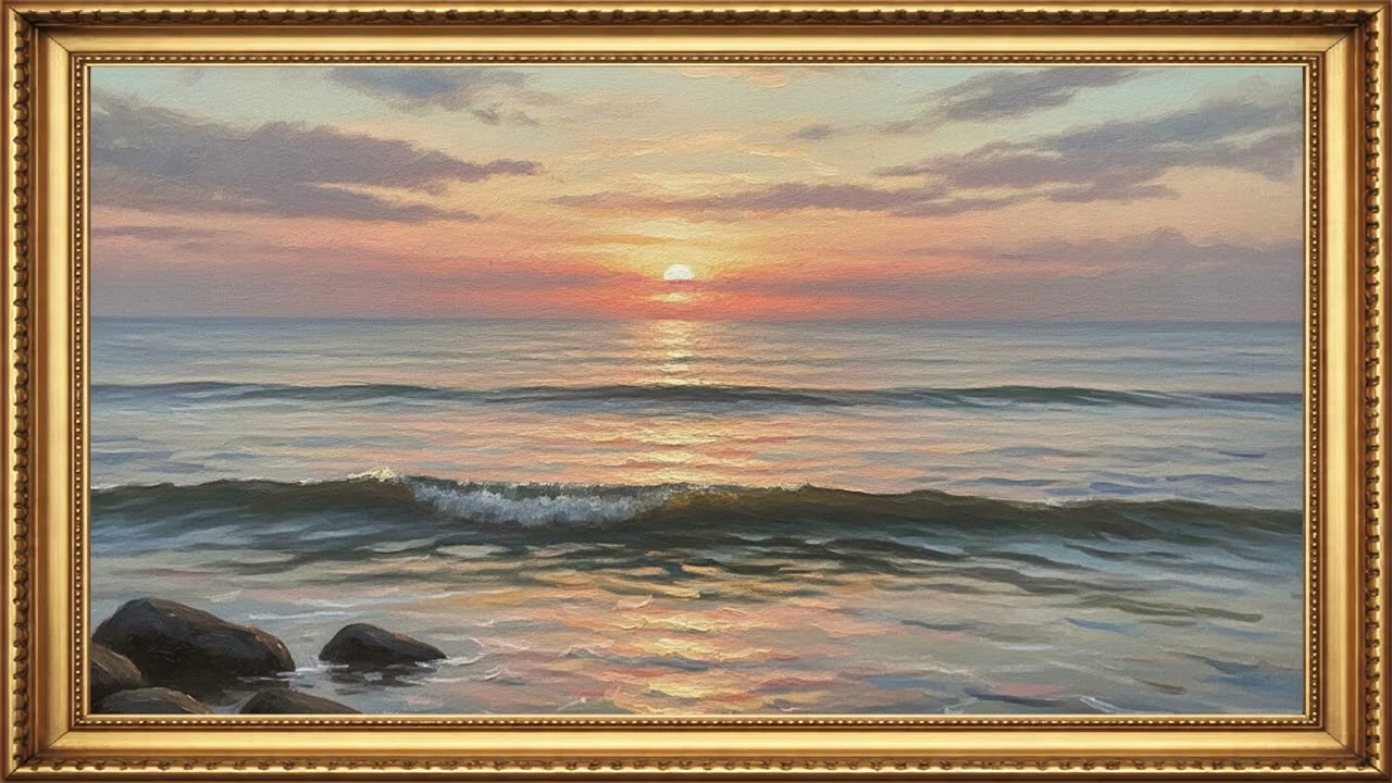 Calm Sea at Dawn | Framed Oil Painting Seascape Art 4K (1 Hour Relaxing Background)