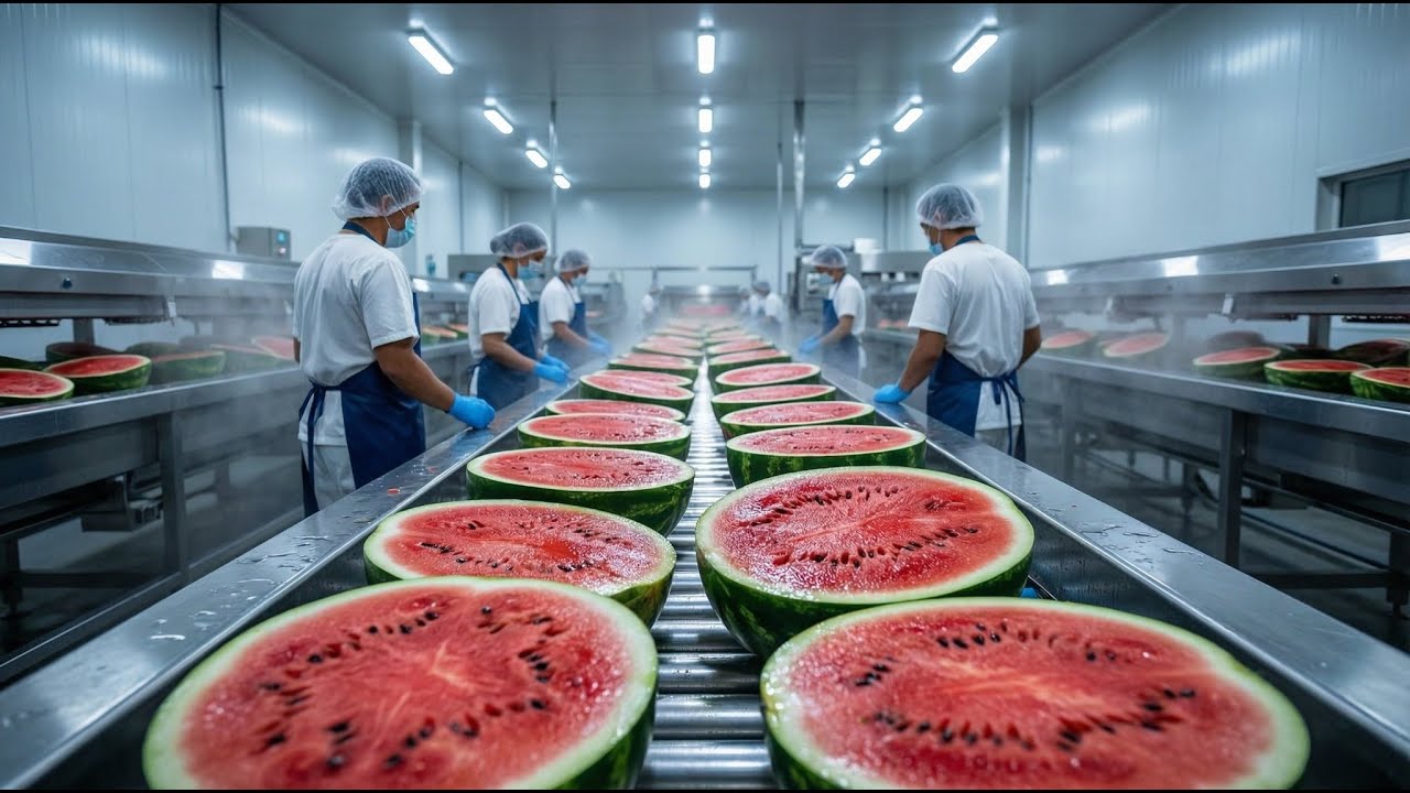 How Giant Watermelons Are Processed in a Factory (From Unloading to Juice)