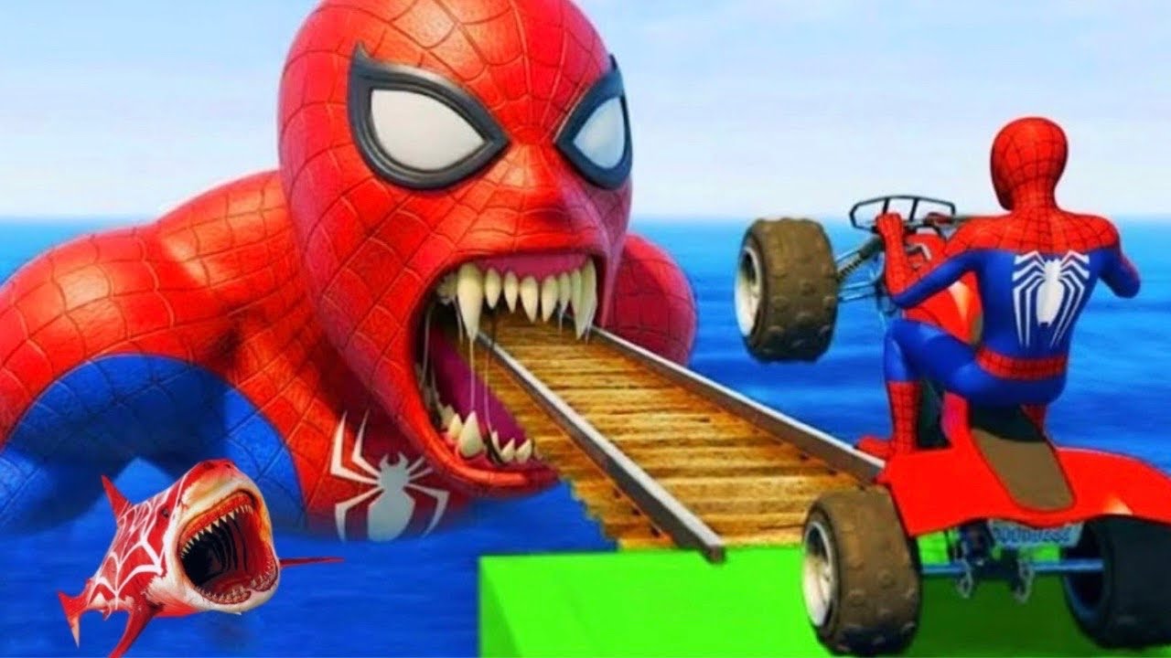 سبايدر مان اصعب دراجة نارية فوق اسماك القرش -??Superheroes Ride on Motorcycle Stunt Funny Moment#14
