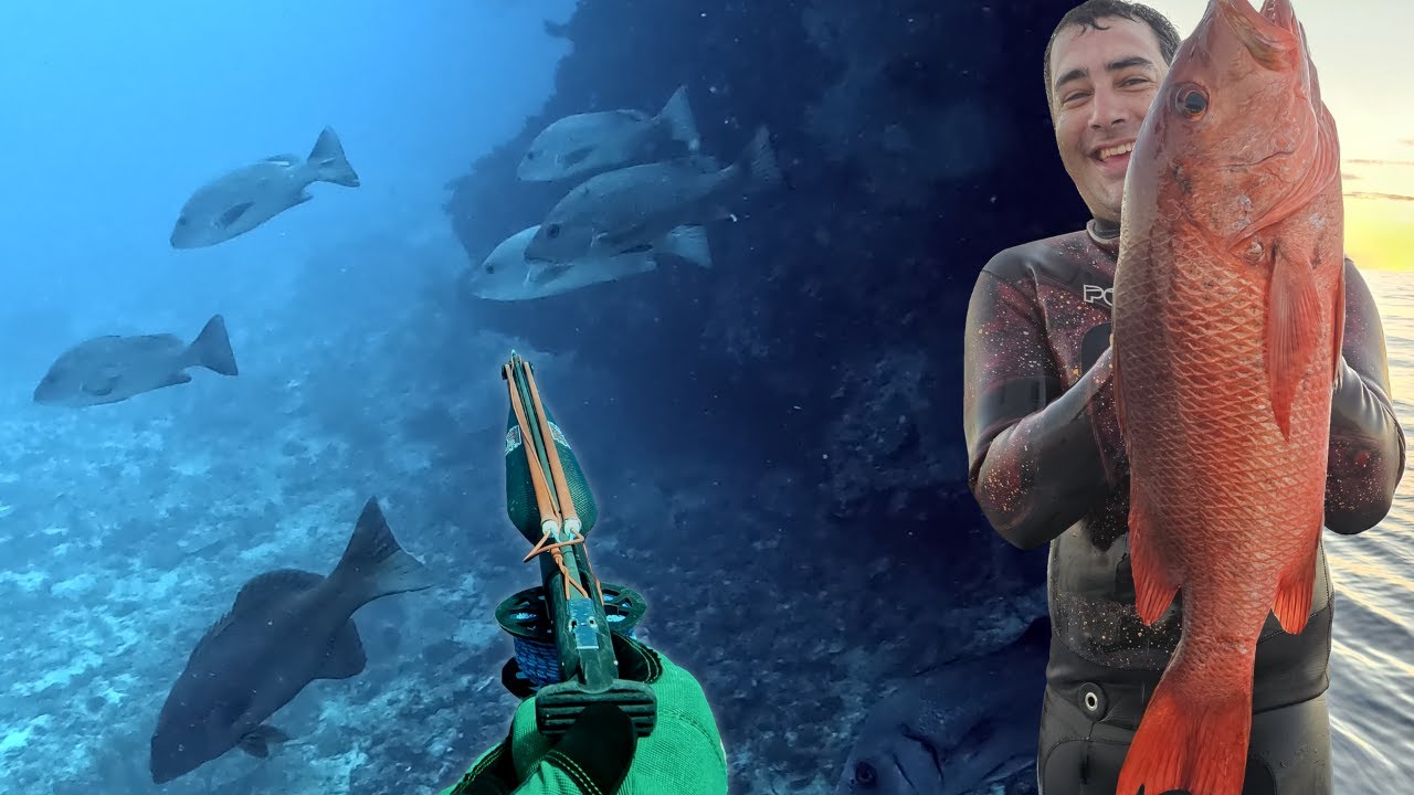 Chasing Giant Jacks on Deep Ledges off a Remote Reef -Epic Spearfishing Adventure-