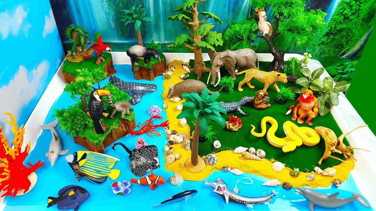 Learn Tropical Sea and Land Animals English names-DIY Rainforest Diorama- Preschool project for kids