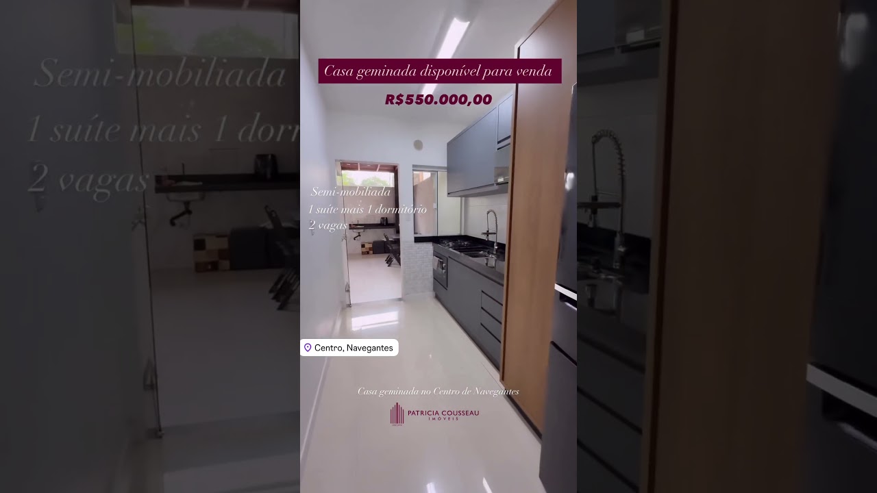 Casa geminada no Centro de Navegantes. Com 1 su&iacute;te + 1 dorm. 2 vagas. Semi mobiliada. R$ 550.000,00