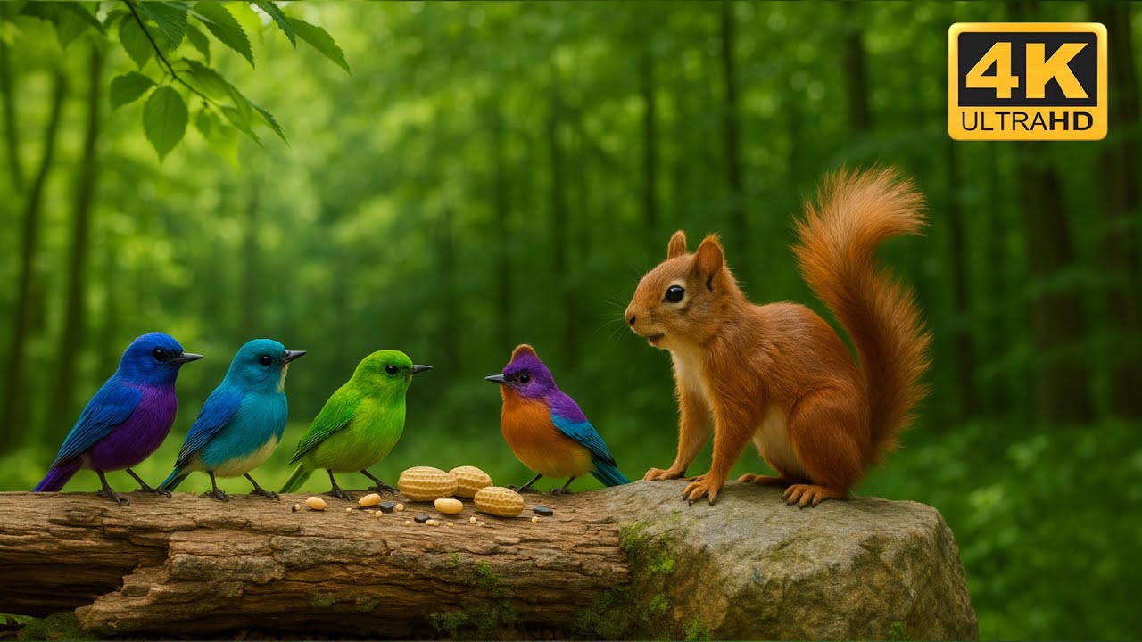 Cat TV for Cats to Watch – Squirrel Meets Colorful Birds on a Forest Log | 4K Ultra HD 🐿️🌈🐦