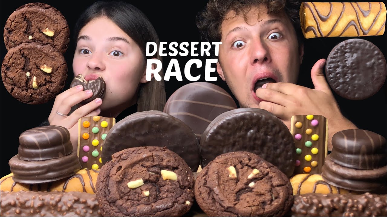 ASMR LEFTOVER CHOCOLATE DESSERT RACE EATING (ROLL CAKE, CHOCOLATE CHIP COOKIES) 먹방 Tati ASMR