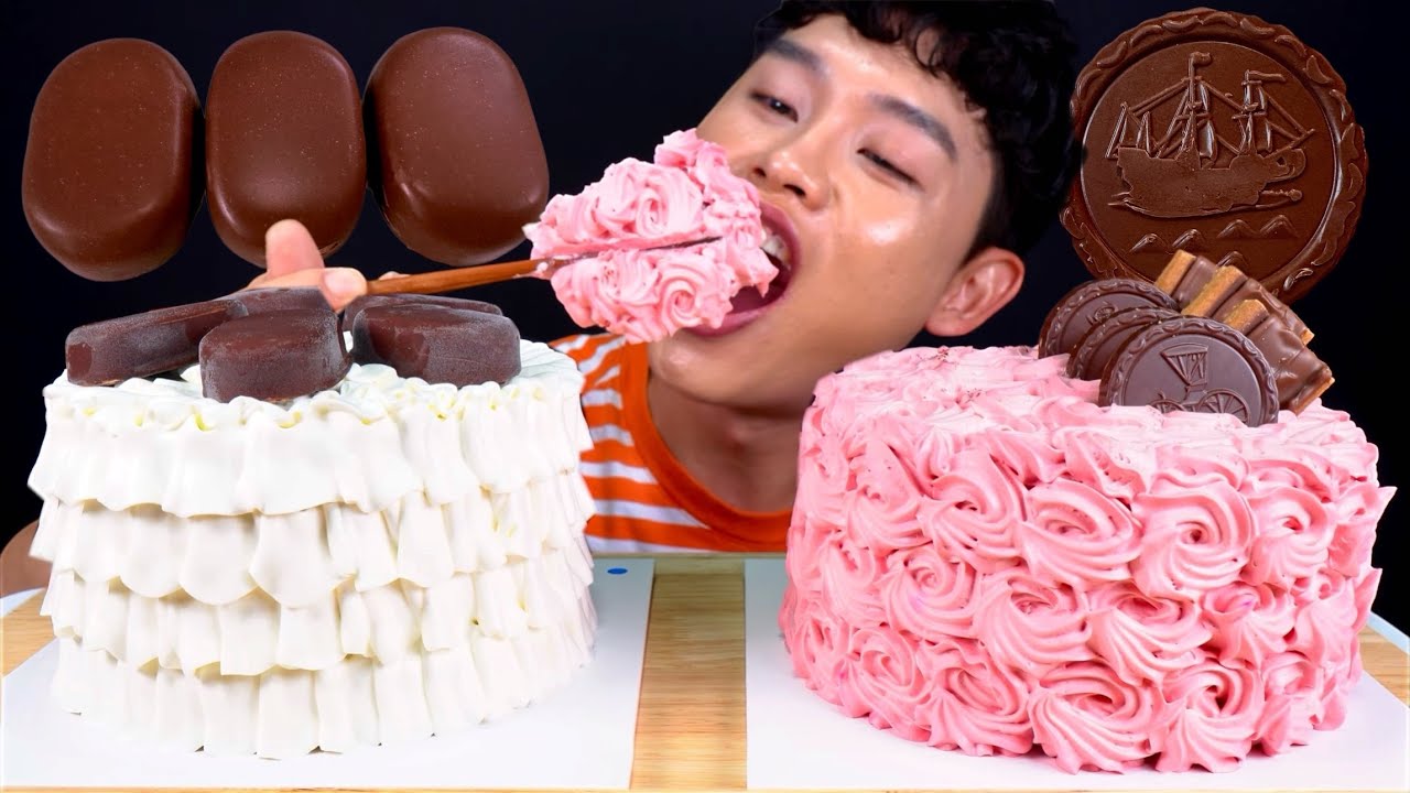ASMR 생크림 폭탄 케이크 핑크생크림 티코 빈츠 트윅스 초콜릿 먹방~!! Pink Fresh Cream Cake With Chocolate Ice Cream MuKBang~!!