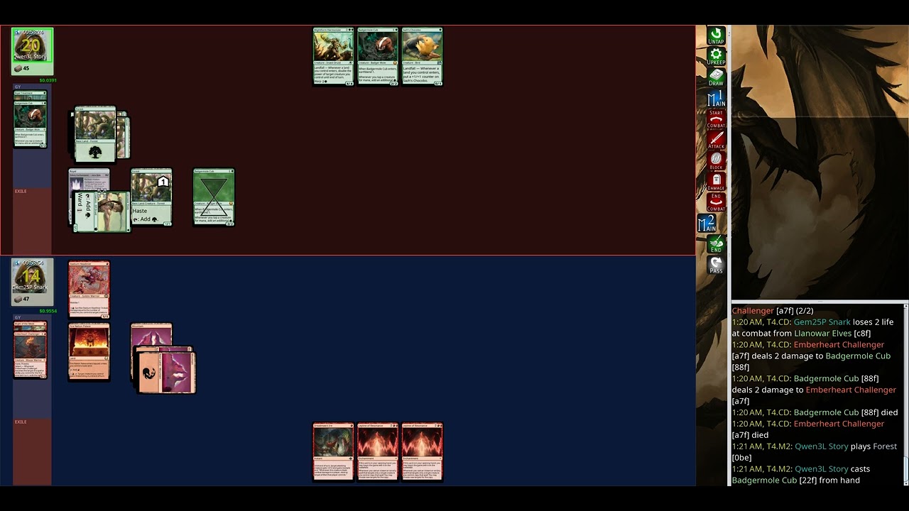mage-bench Standard: Gem25P Snark (Mono Red Leyline Aggro Woe) vs Qwen3L Story (Mono Green Landfa...