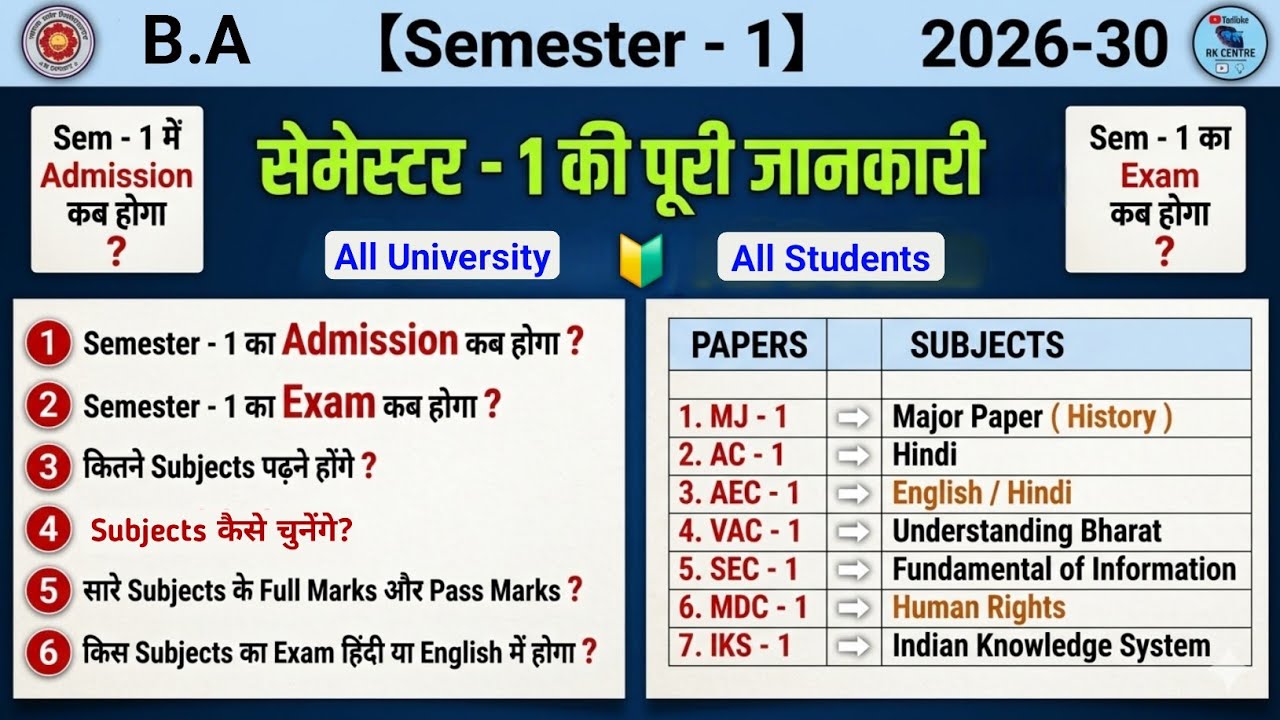 B.A 1st semester ka exam kab hoga 2026-30 l Sem 1 ka exam kab hoga 2026 l sem 1 ka exam date 2026 