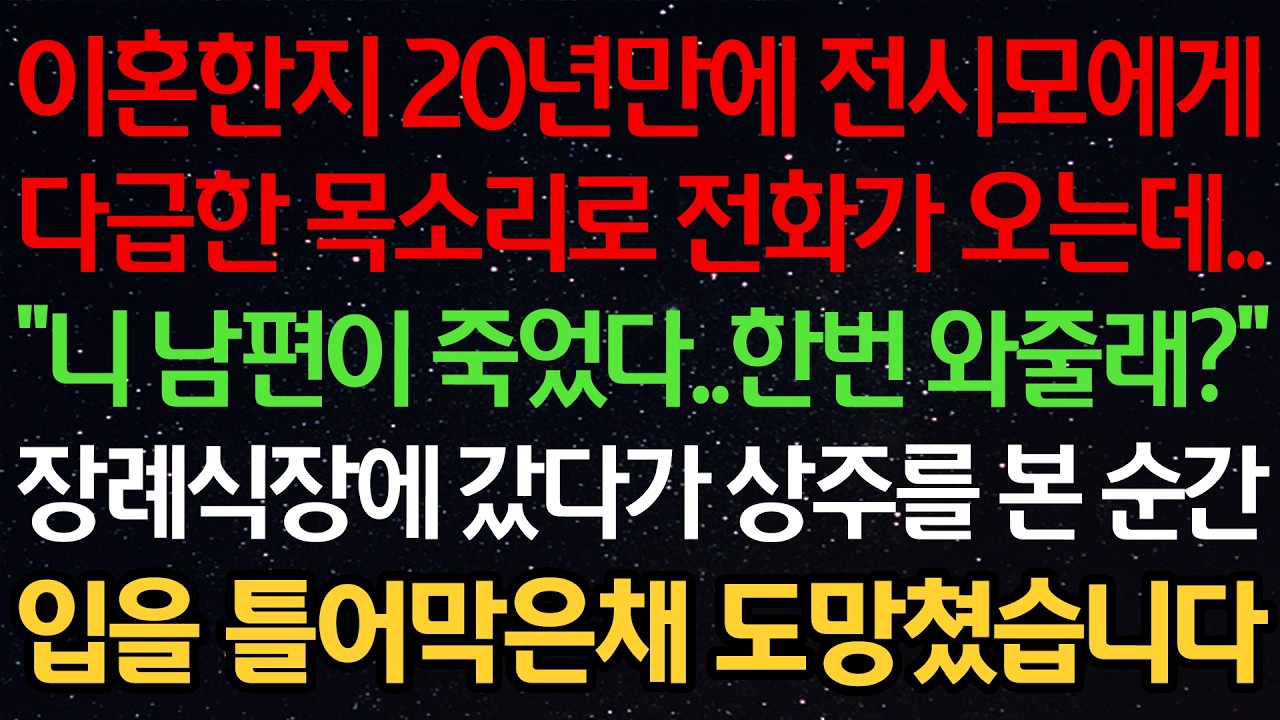 이혼한지 20년만에 전시모에게 다급한 목소리로 전화가 오는데..“니 남편이 죽었다..한번 와줄래?” 장례식장에 갔다가 상주를 본 순간 입을 틀어막은채 도망쳤습니다