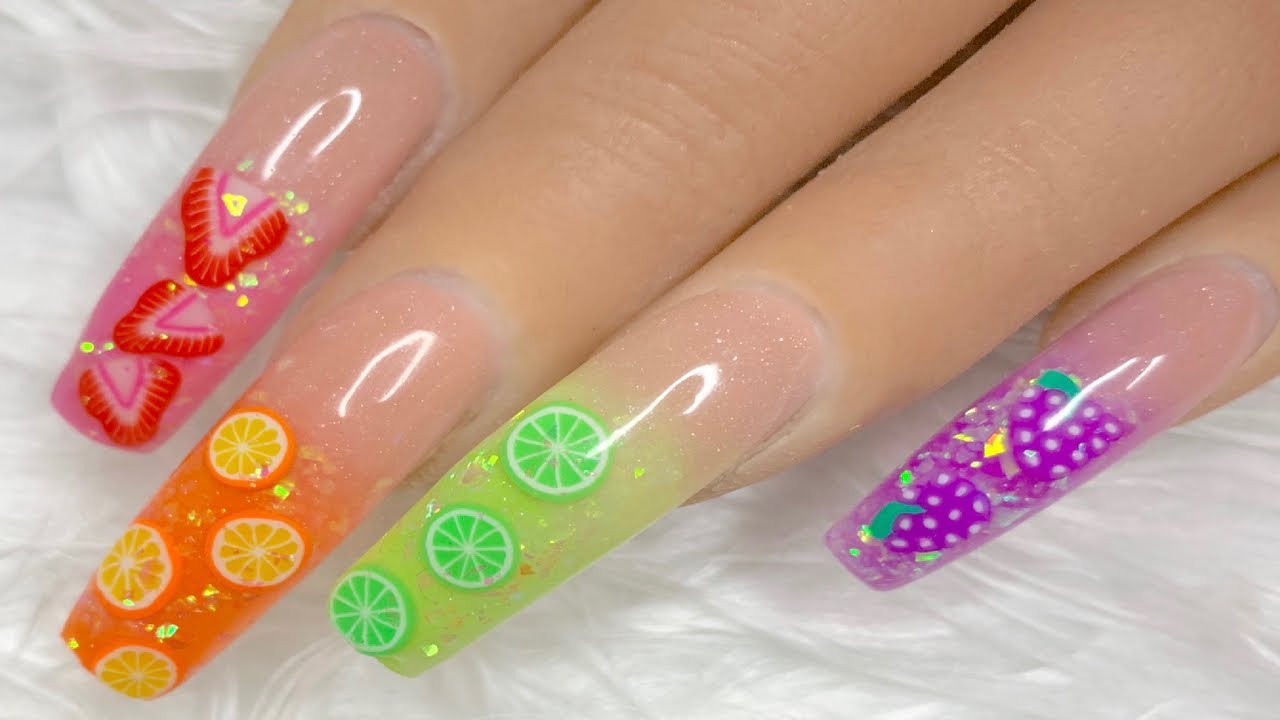 🍓🍊🍋🍇Fruit Salad | Encapsulated Fruit Glitter Ombré Acrylic Nails 🍓🍊🍋🍇