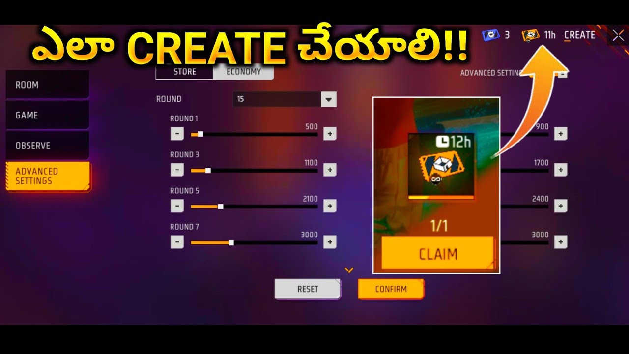 HOW TO CREATE CUSTOM ROOM CARD IN FREE FIRE; FREE FIRE CUSTOM ROOM CARD IN TELUGU; 12H ROOM CARD;
