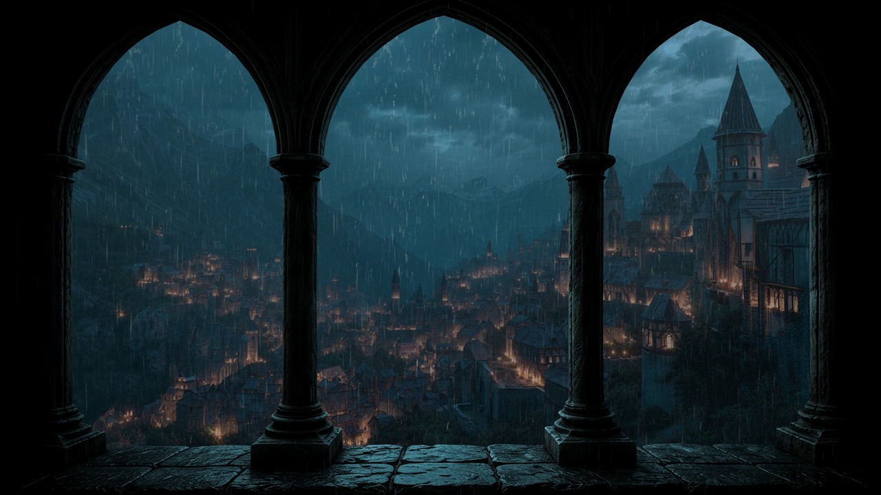 Gothic Castle Ambience 🏰 Cozy Rain Sounds for Sleep & Insomnia Relief | Projector Window View