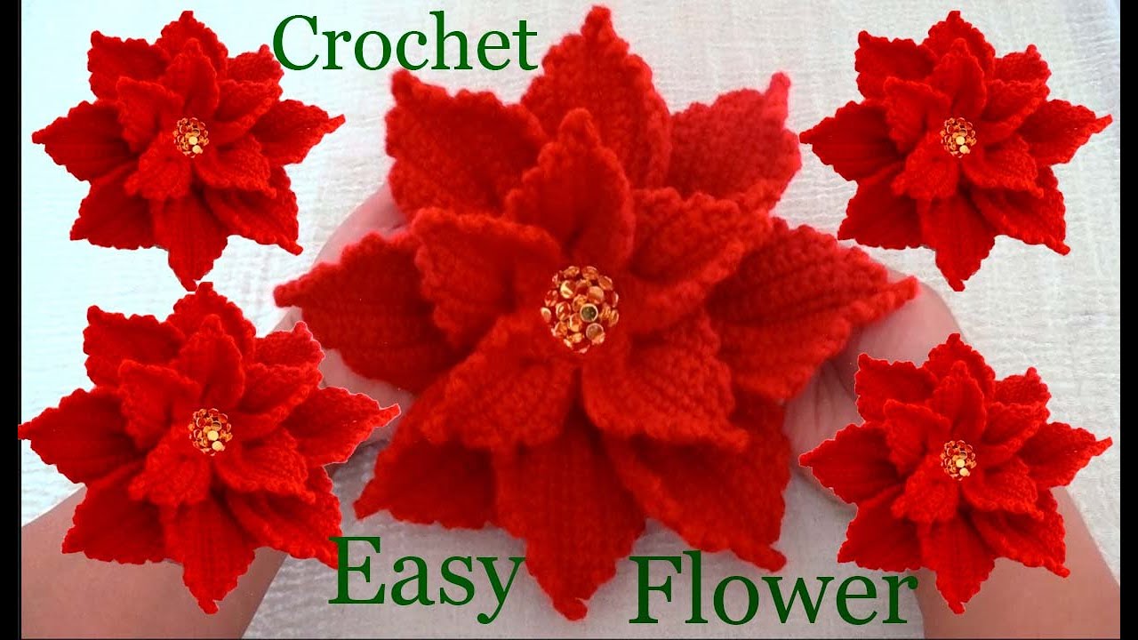 Como hacer flores Nochebuena con una sola tira tejida a Crochet