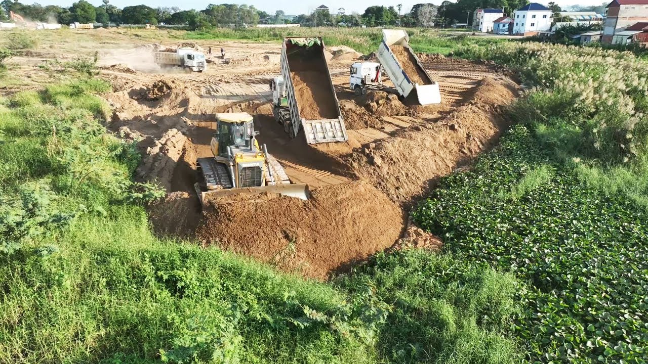 Great Heavy Equipment Working Excavator Bulldozer Dump Truck Land Filling Up Process