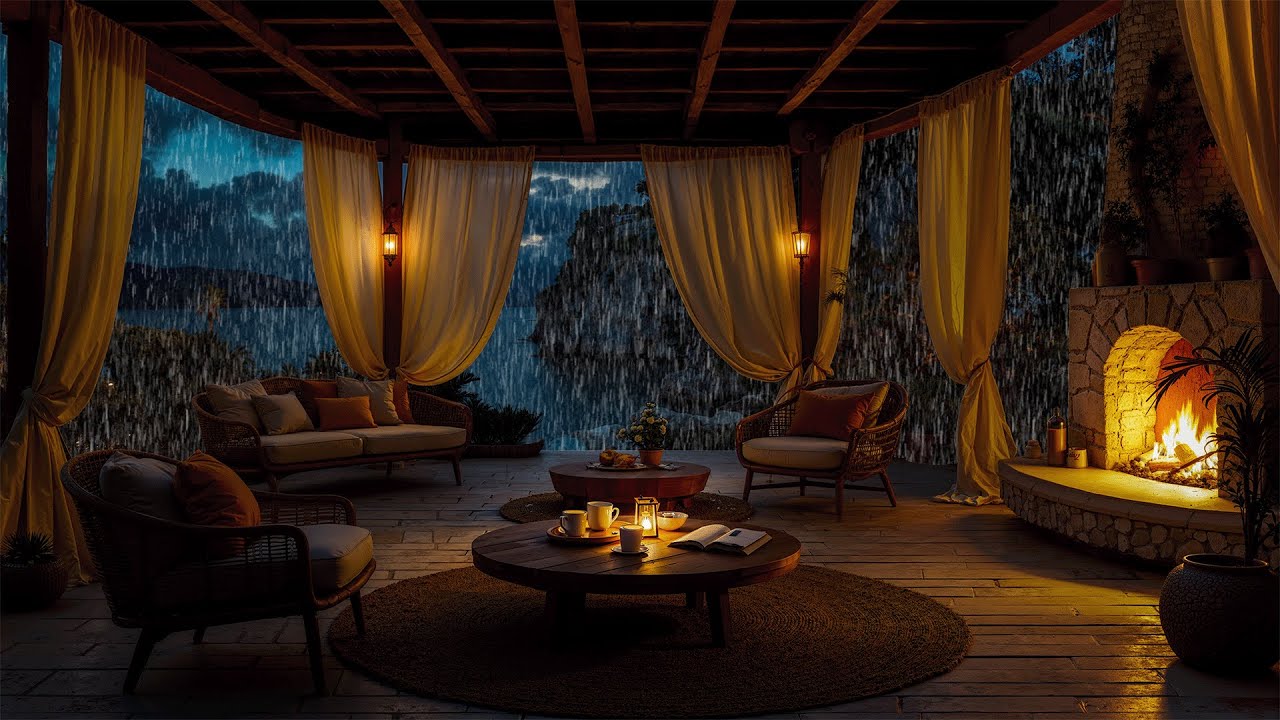 Gentle Rain Over the Lakeside Porch 🌧️ Fireplace Ambience for Quiet Night Rest