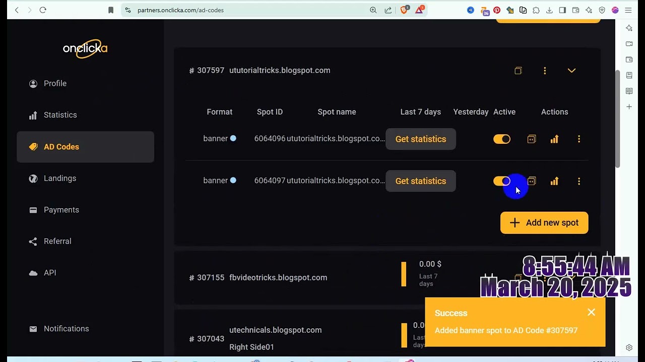 Blogging Tutorial 32 For Earning Create new onclicka 300X600 Banner Spot Ads Setup on Blogger site