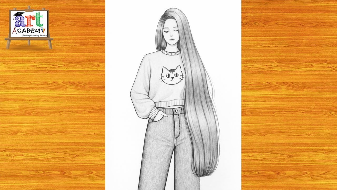 رسم سهل | تعليم رسم بنت كيوت مع شعر طويل سهل بالرصاص خطوه بخطوه للمبتدئين بطريقة سهلة | رسم بنات