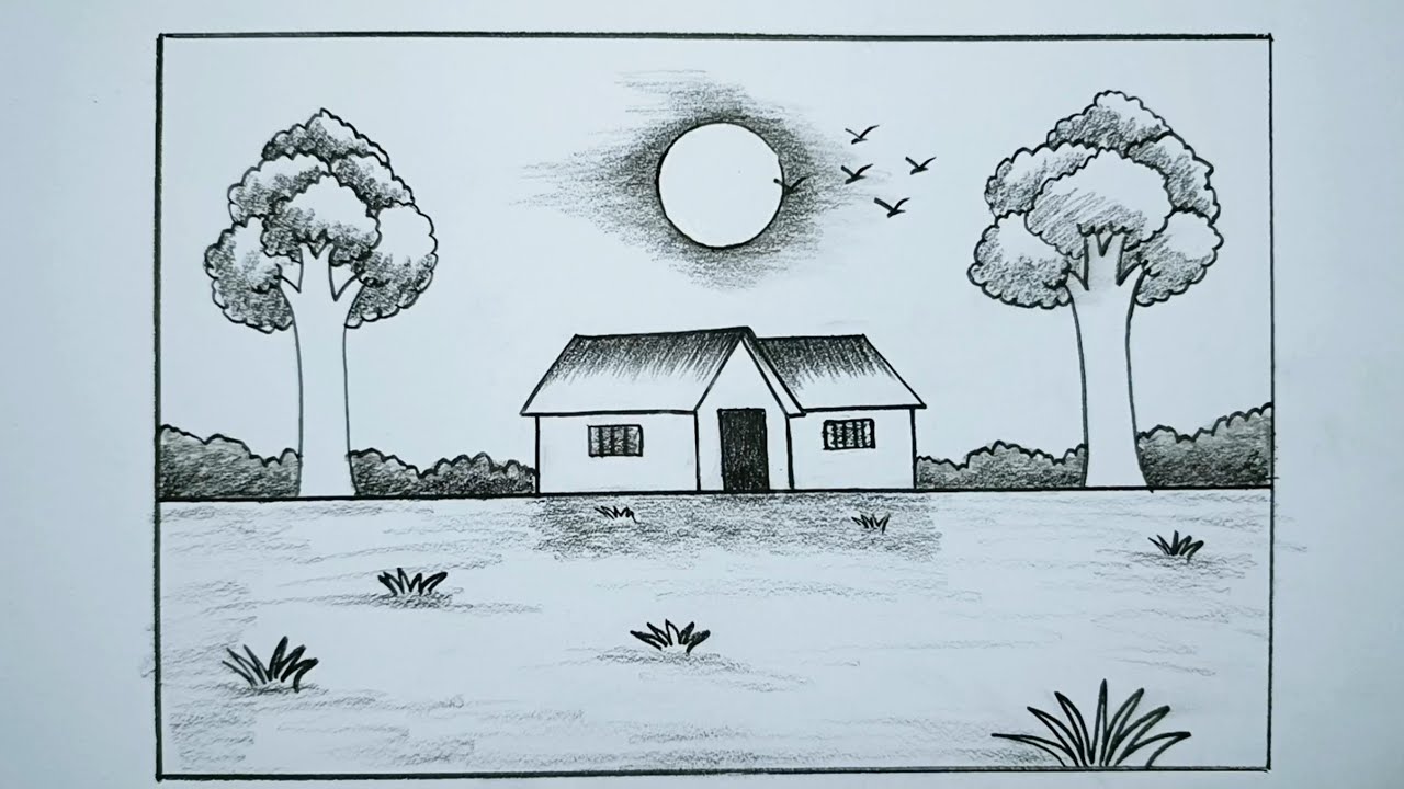 How to draw a beautiful village scenery easy | Village nature drawing for beginners |