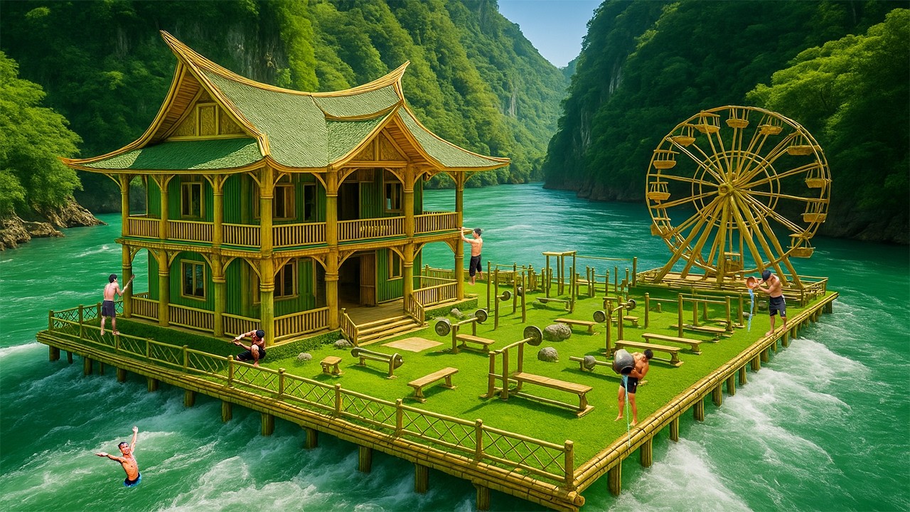 Construcción de una lujosa casa flotante de bambú con gimnasio y noria en cañón fluvial salvaje