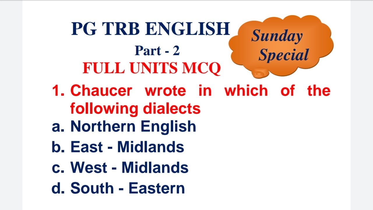 PG TRB ENGLISH 1 to 10 Units Important MCQ Part 2 Sunday Special