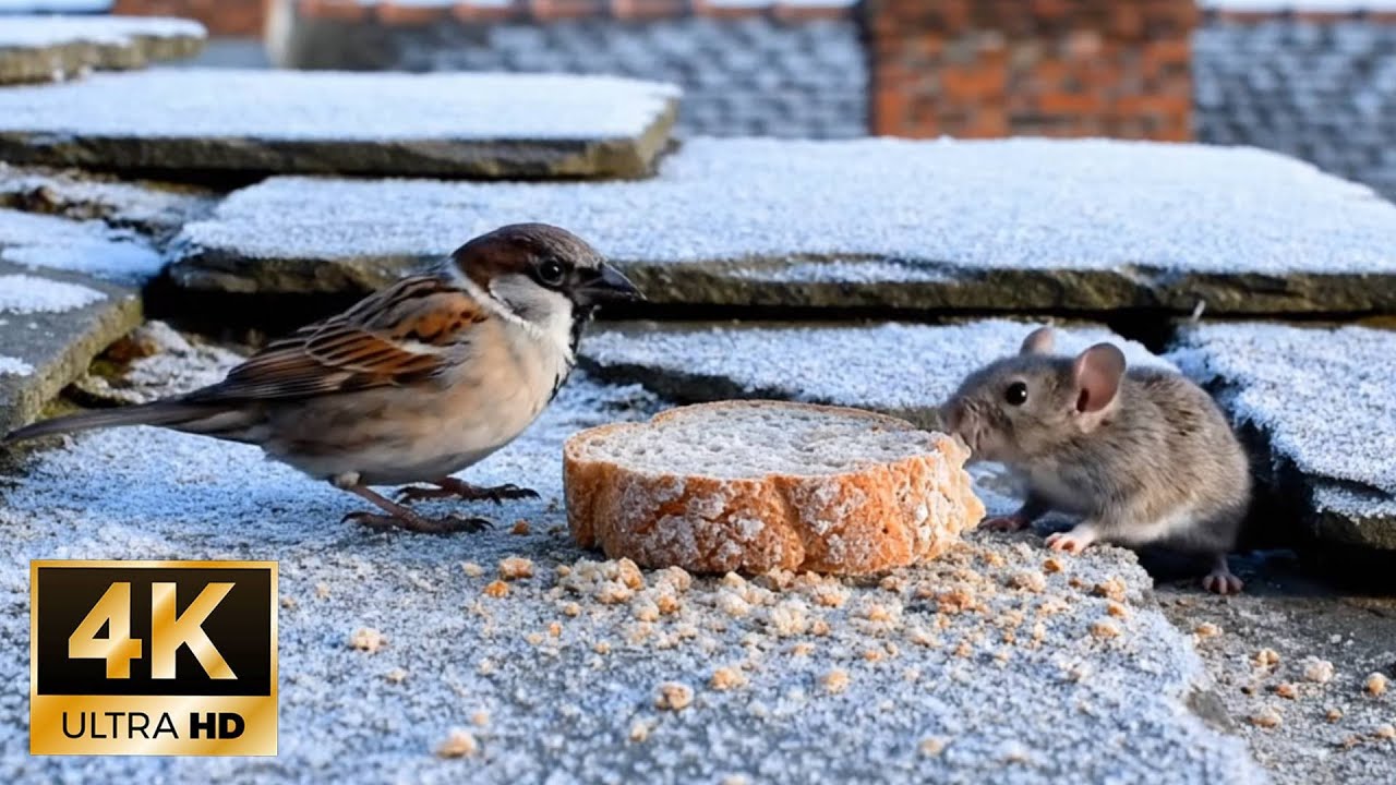 Sparrow and Mouse Sharing Bread in the Snow - 4K Ultra HD