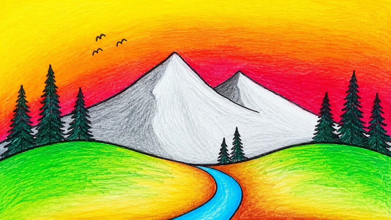 Drawing Mountain and River Scenery | How To Draw Sunset Scenery _ Oil Pastel Drawing
