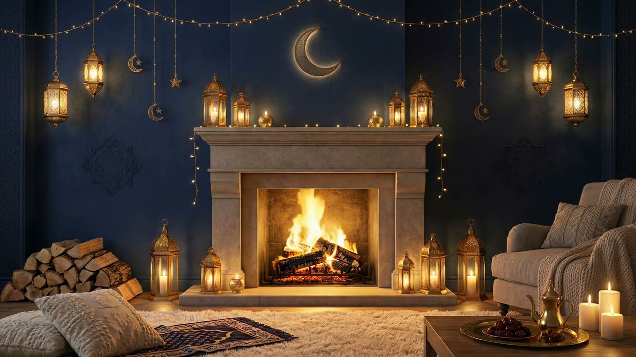 8H Ramadan Fireplace 4K 🌟 Calm Crackling Fire & Soft Lantern Ambience (No Music)