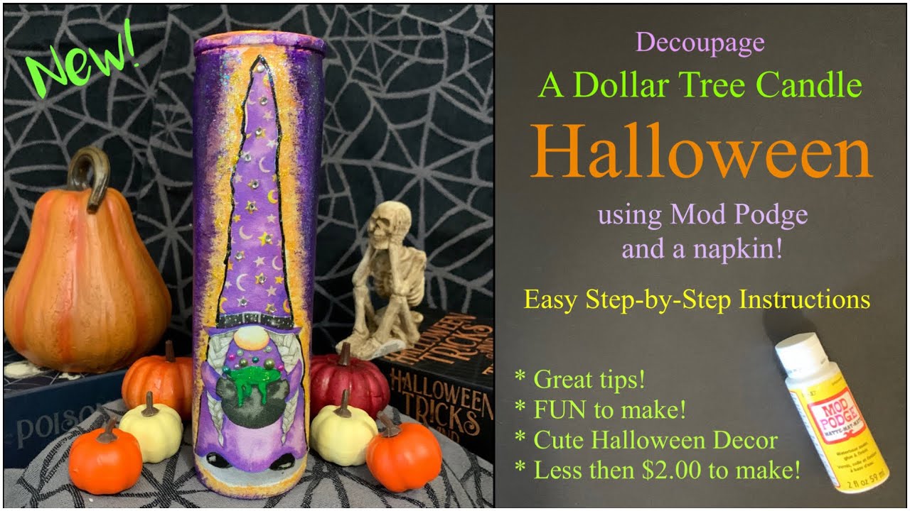 DECOUPAGE HALLOWEEN WITCH GNOME CANDLE | HOW TO ADD GLOW & GLITTER | EASY NAPKIN~MOD PODGE