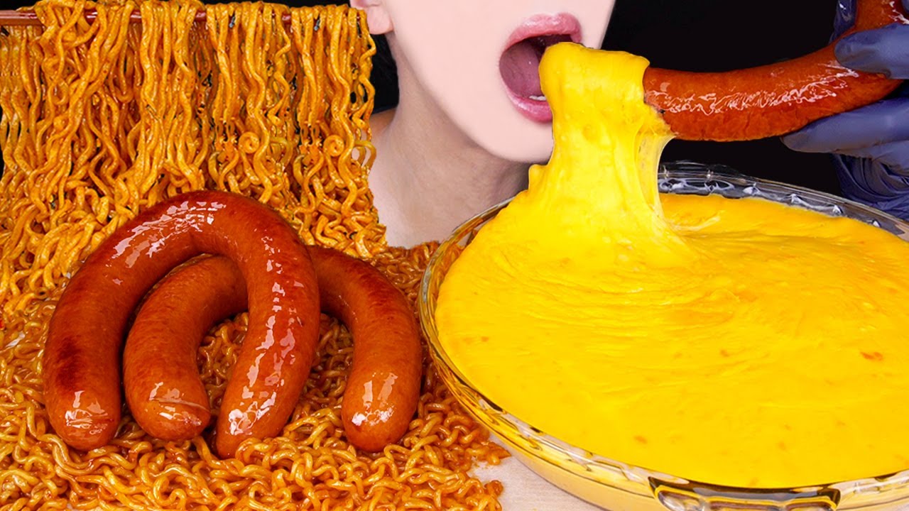 ASMR KIELBASA SAUSAGE STRETCHY CHEESE SPICY FIRE NOODLE COOKING MUKBANG 소세지 먹방ソーセージ 咀嚼音EATING SOUNDS