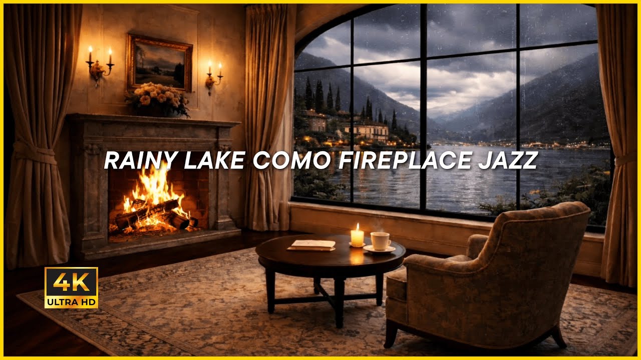 RAINY LAKE COMO FIREPLACE JAZZ (4K) | Cozy Italian Night Ambience for Relaxation, Focus & Sleep