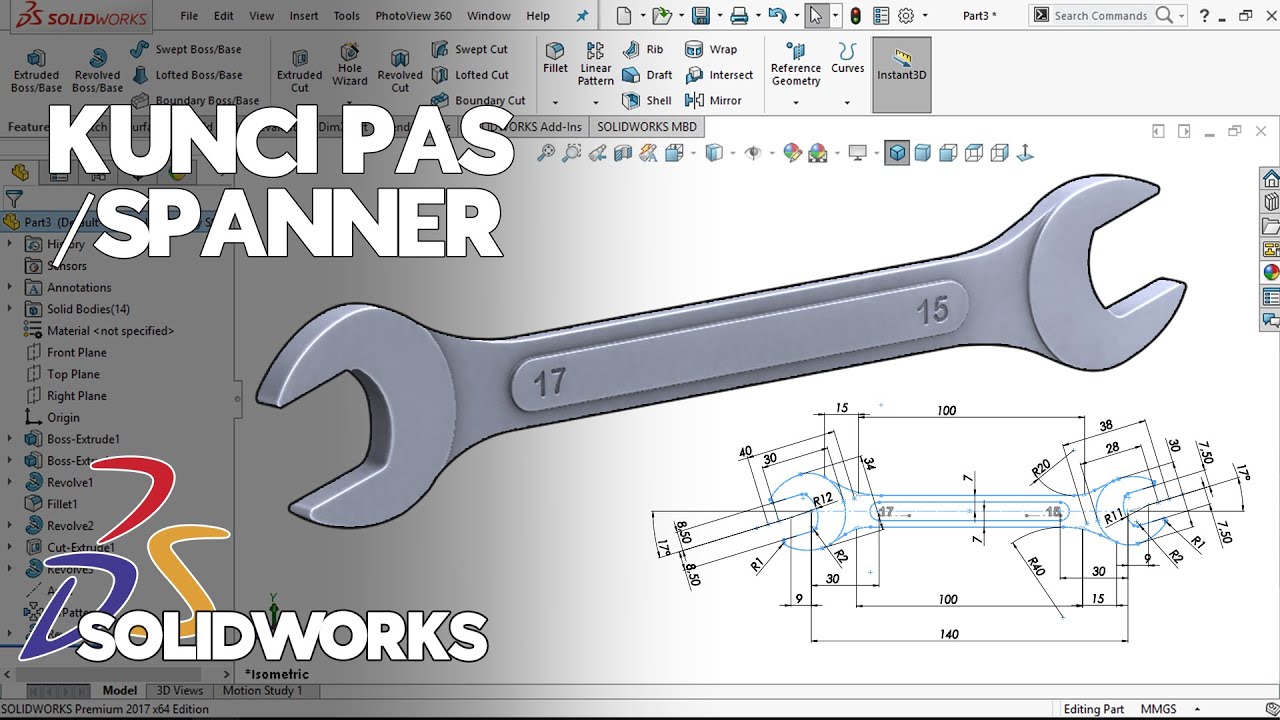 Cara Menggambar Kunci Pas / Spanner / Wrench Menggunakan SolidWorks