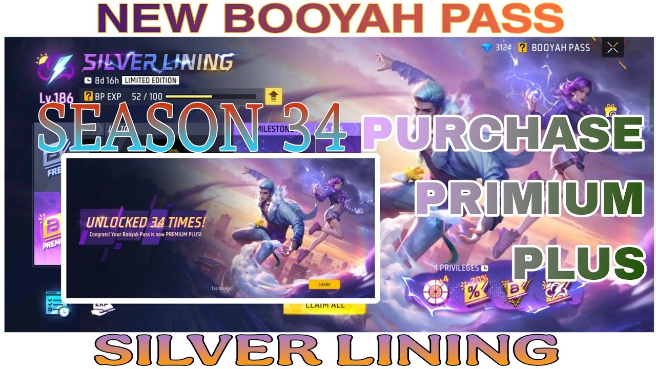   FREE FIRE PURCHASE NEW SEASON 34 PRIMIUM PLUS BOOYAH PASS SILVER LINING PASS 