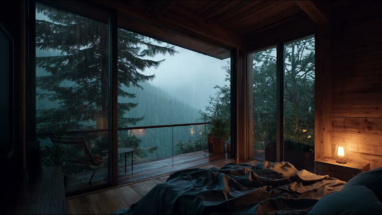 Cozy Bedroom Ambience with Thunder & Rain | Sleeping in a Forest Villa⛈️🏠