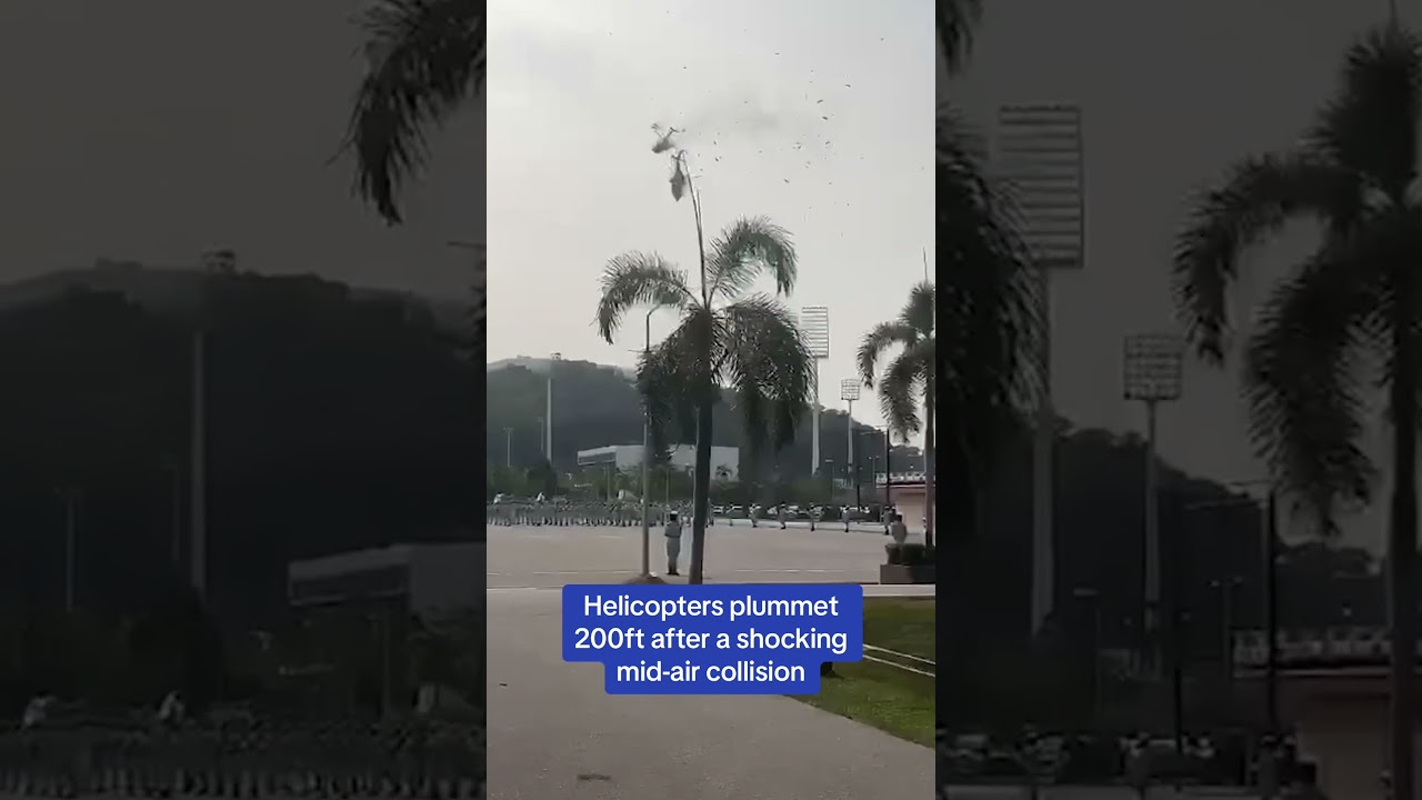 Horrifying moment two helicopters collide mid-air and plummet 200ft