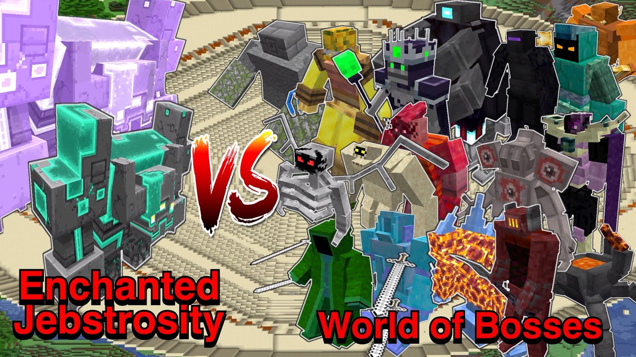 Minecraft |Mobs Battle| Enchanted Jebstrosity (Crimson Steve's more mobs) VS World of Bosses