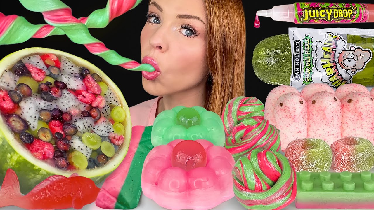 ASMR MUKBANG, Watermelon Desserts, Warheads Extreme Sour Pickle, Edible Slime, Wax Candy Drink 먹방