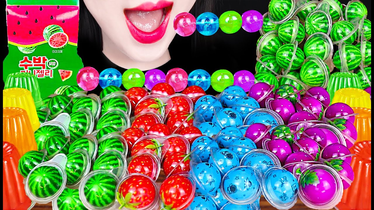 ASMR Mini Watermelon Strawberry Earth Grapes Gummy Balls 미니 수박 젤리 딸기 지구젤리 먹방 Mukbang, Eating