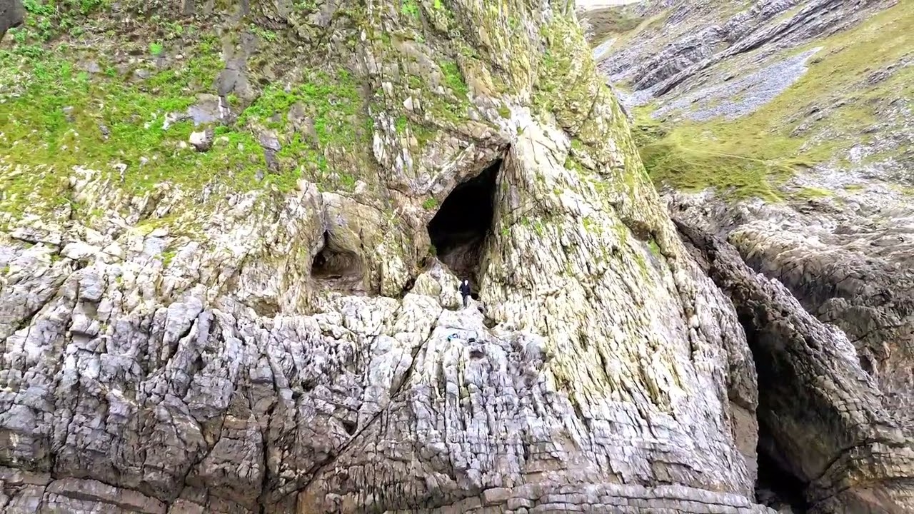 Drone footage of Paviland cave, Gower