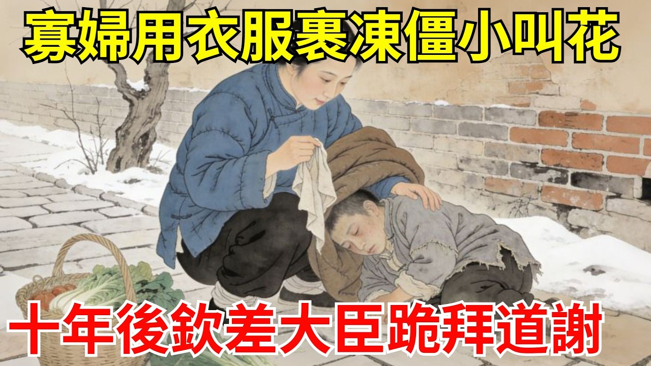 賣菜寡婦見凍僵小叫花，撕下衣襟裹他，村民笑她爛好心。10年後，欽差大臣擡轎入巷，當眾跪拜：阿嬤，您那件破襖是我這輩子最暖的衣裳！#故事頻道#聽書#民間故事#說書#善有善報#爽文
